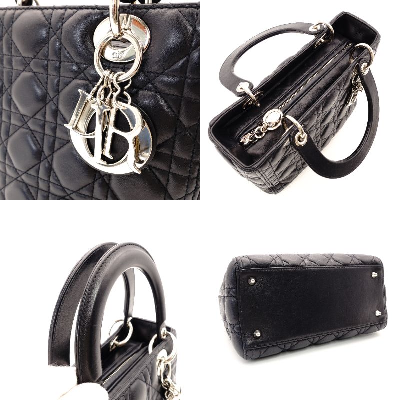 DIOR Lady Dior Medium Cannage Handbag Dark Navy Blue 2-Way Silver Hardware Shoulder R801102