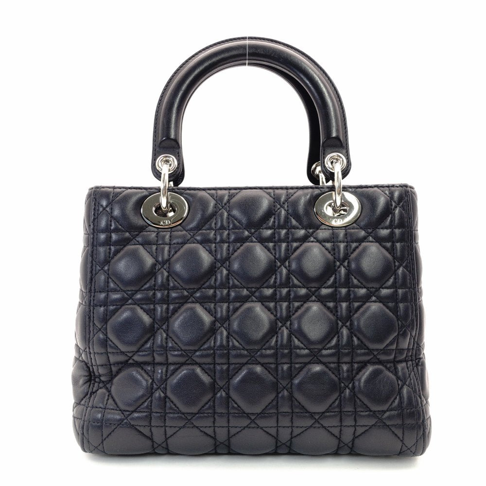 DIOR Lady Dior Medium Cannage Handbag Dark Navy Blue 2-Way Silver Hardware Shoulder R801102