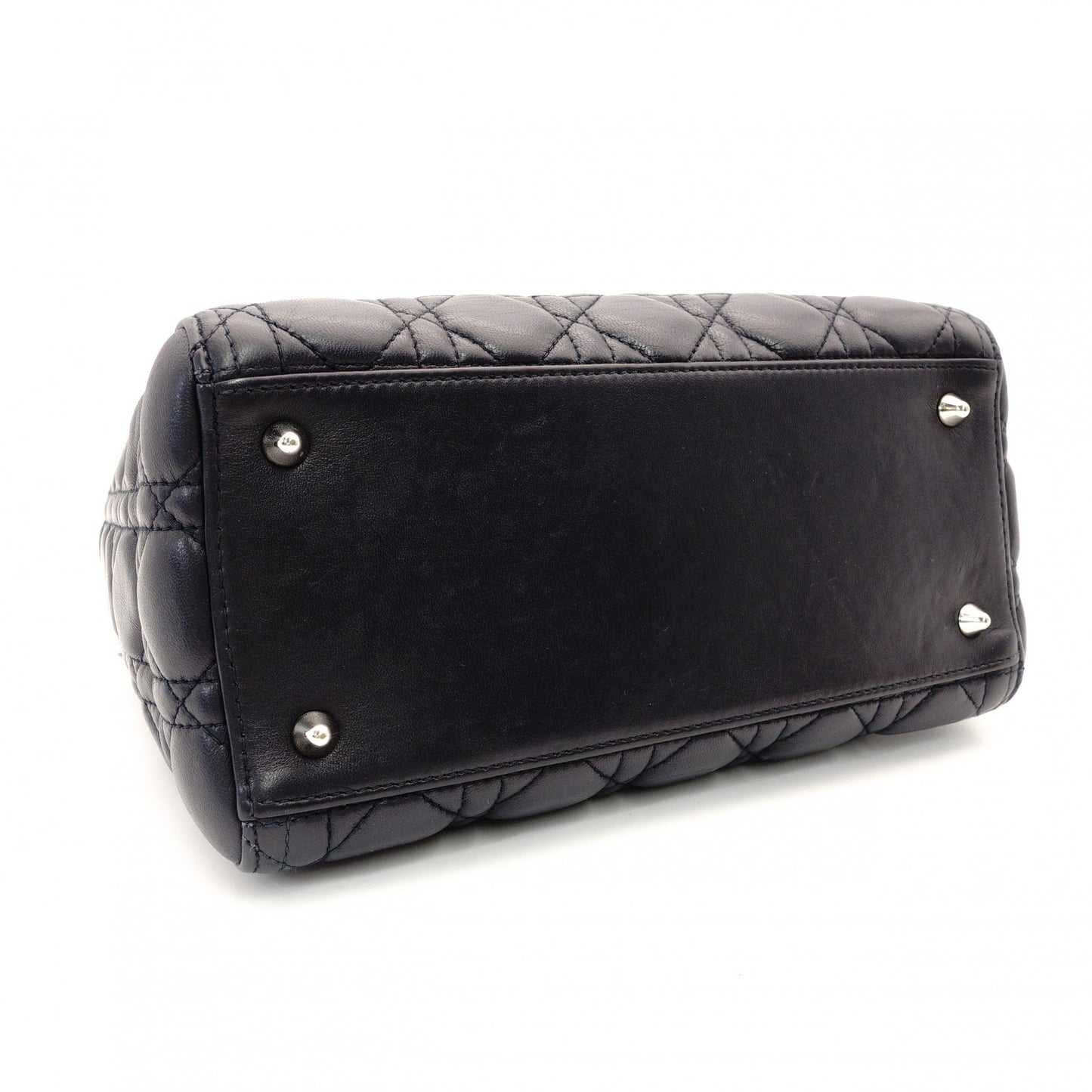 DIOR Lady Dior Medium Cannage Handbag Dark Navy Blue 2-Way Silver Hardware Shoulder R801102