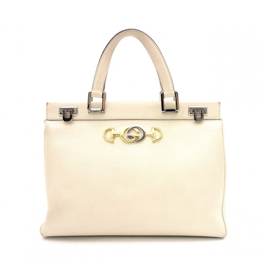 GUCCI Zumi Handbag, Leather, Beige, Silver, Gold Hardware, Logo