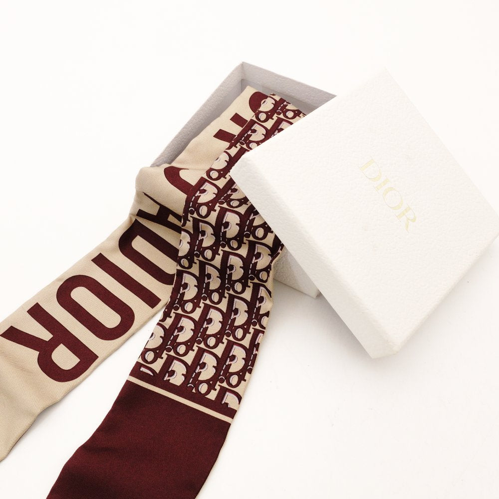 Christian Dior Mitzah Scarf Bordeaux × Beige 100% Silk Twilly 7-11-217