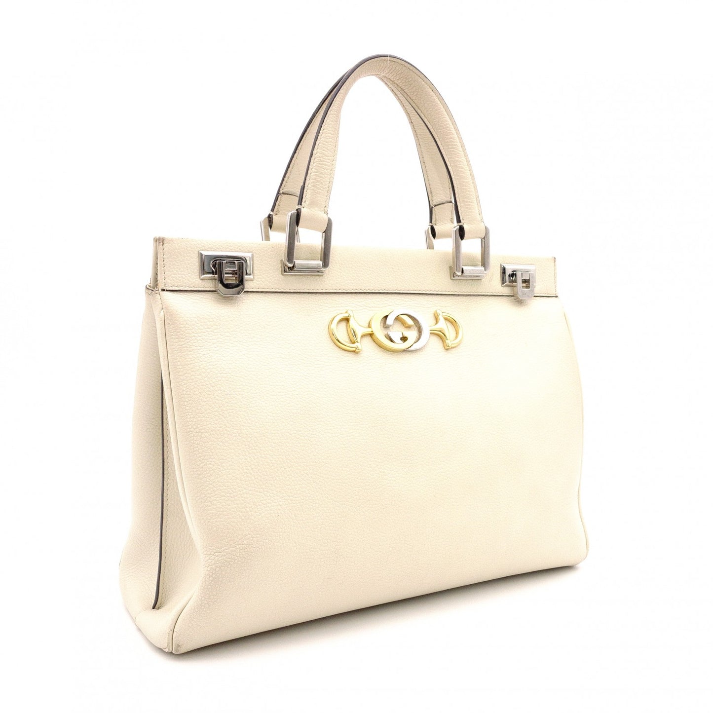 GUCCI Zumi Handbag, Leather, Beige, Silver, Gold Hardware, Logo