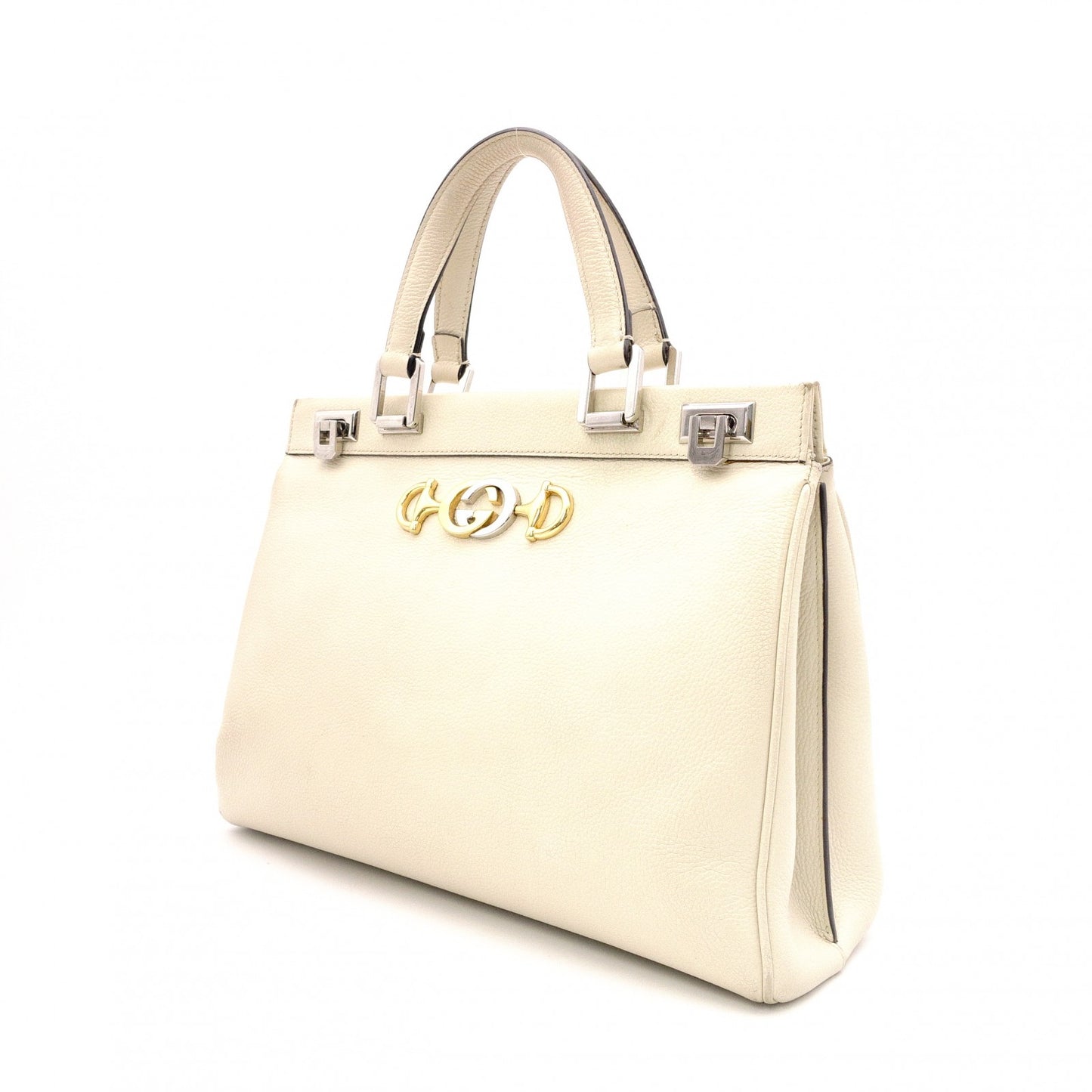 GUCCI Zumi Handbag, Leather, Beige, Silver, Gold Hardware, Logo