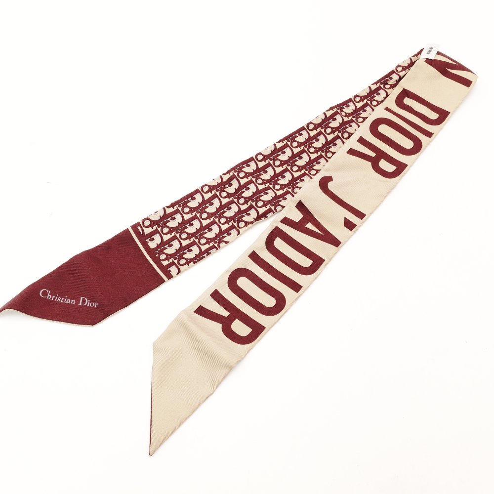 Christian Dior Mitzah Scarf Bordeaux × Beige 100% Silk Twilly 7-11-217