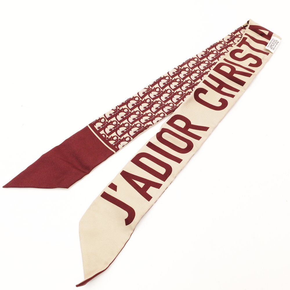Christian Dior Mitzah Scarf Bordeaux × Beige 100% Silk Twilly 7-11-217