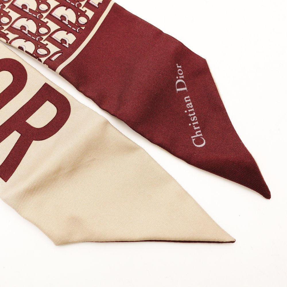 Christian Dior Mitzah Scarf Bordeaux × Beige 100% Silk Twilly 7-11-217