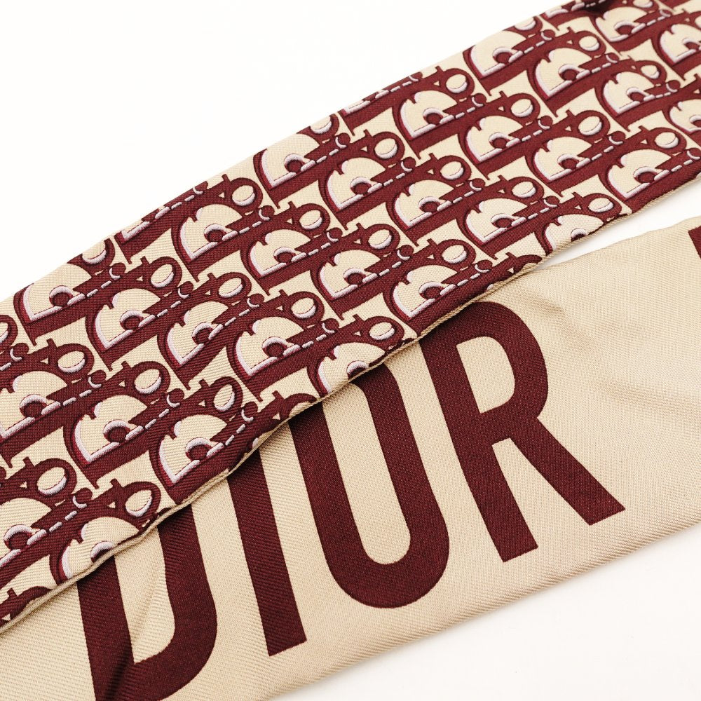 Christian Dior Mitzah Scarf Bordeaux × Beige 100% Silk Twilly 7-11-217