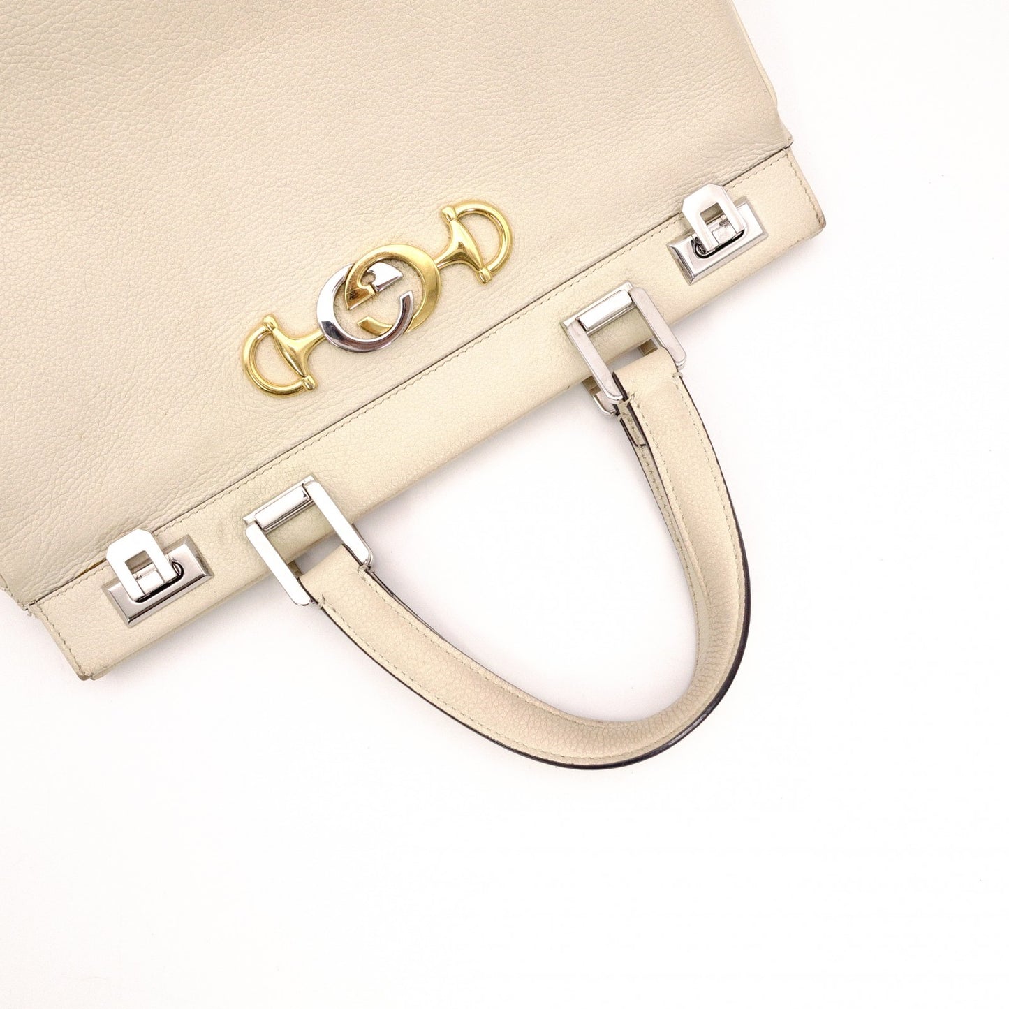 GUCCI Zumi Handbag, Leather, Beige, Silver, Gold Hardware, Logo