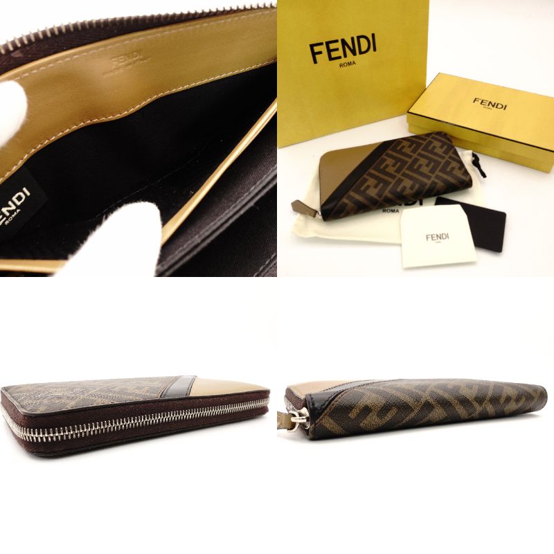 FENDI Zucca Long Wallet Black × Brown Men's Wallet Round Zipper 7-12-914