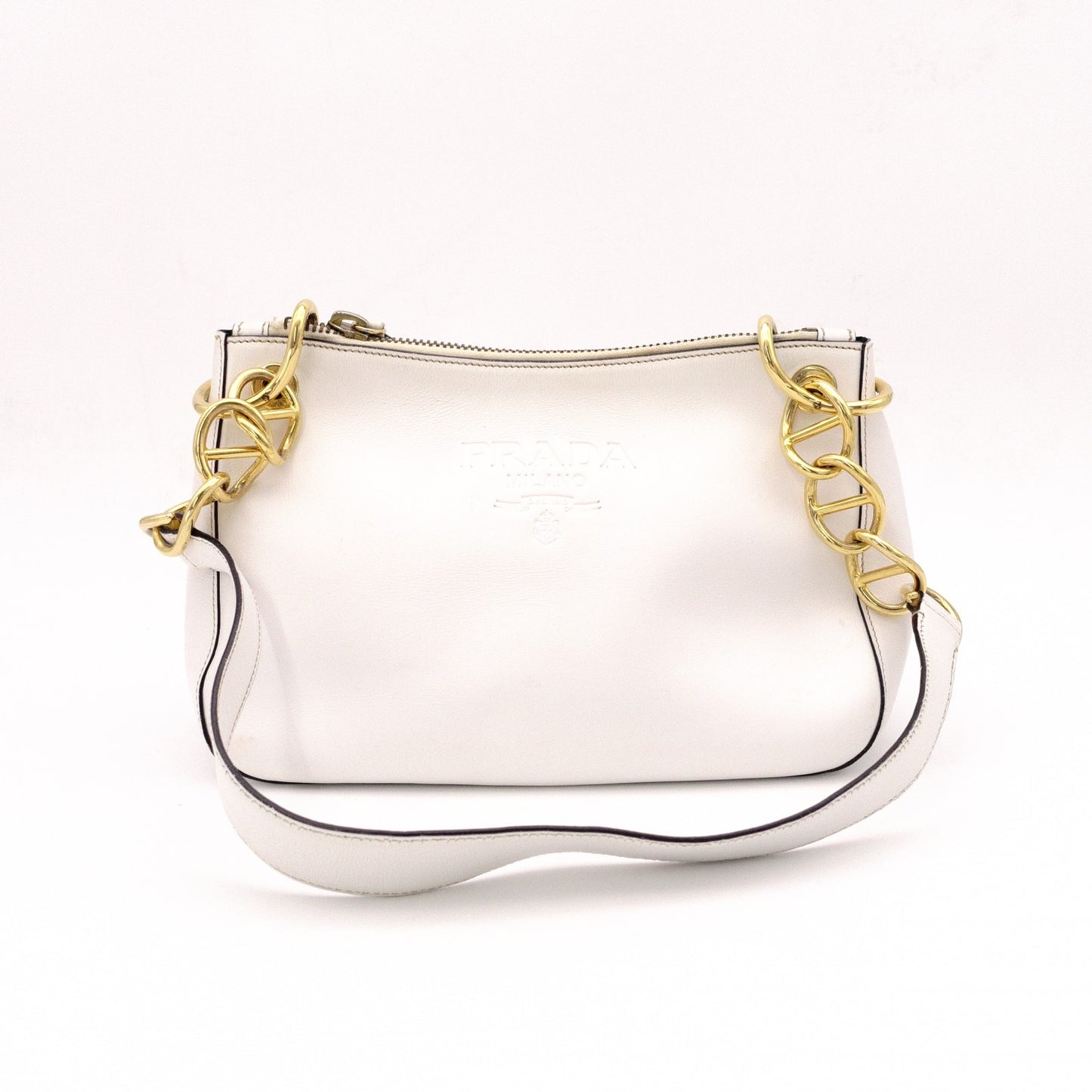 PRADA Vittello Dino Leather Shoulder Bag, White Leather, Crossbody, Gold Hardware