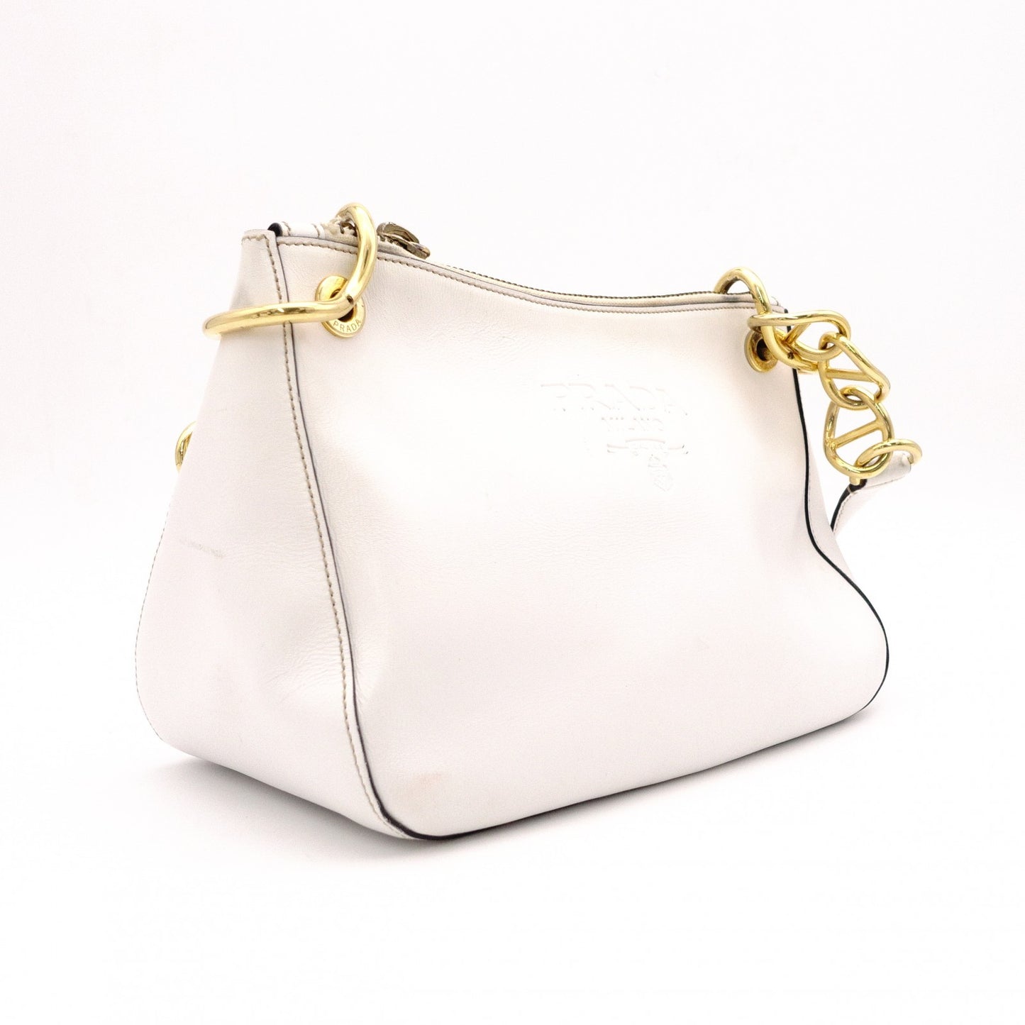 PRADA Vittello Dino Leather Shoulder Bag, White Leather, Crossbody, Gold Hardware
