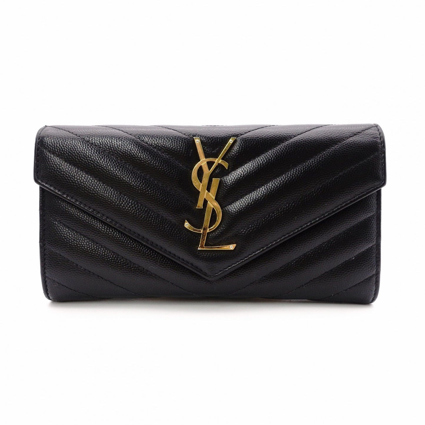 SAINT LAURENT Cassandra Long Wallet, Leather, Black, Flap Wallet, Gold Hardware