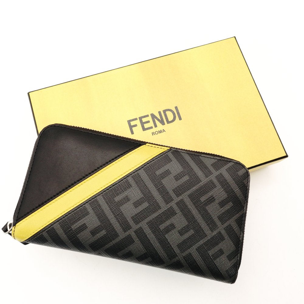 FENDI Diana Gor Zucca Long Wallet Zippy Wallet Men's Black × Gray PVC Leather Wallet R801430