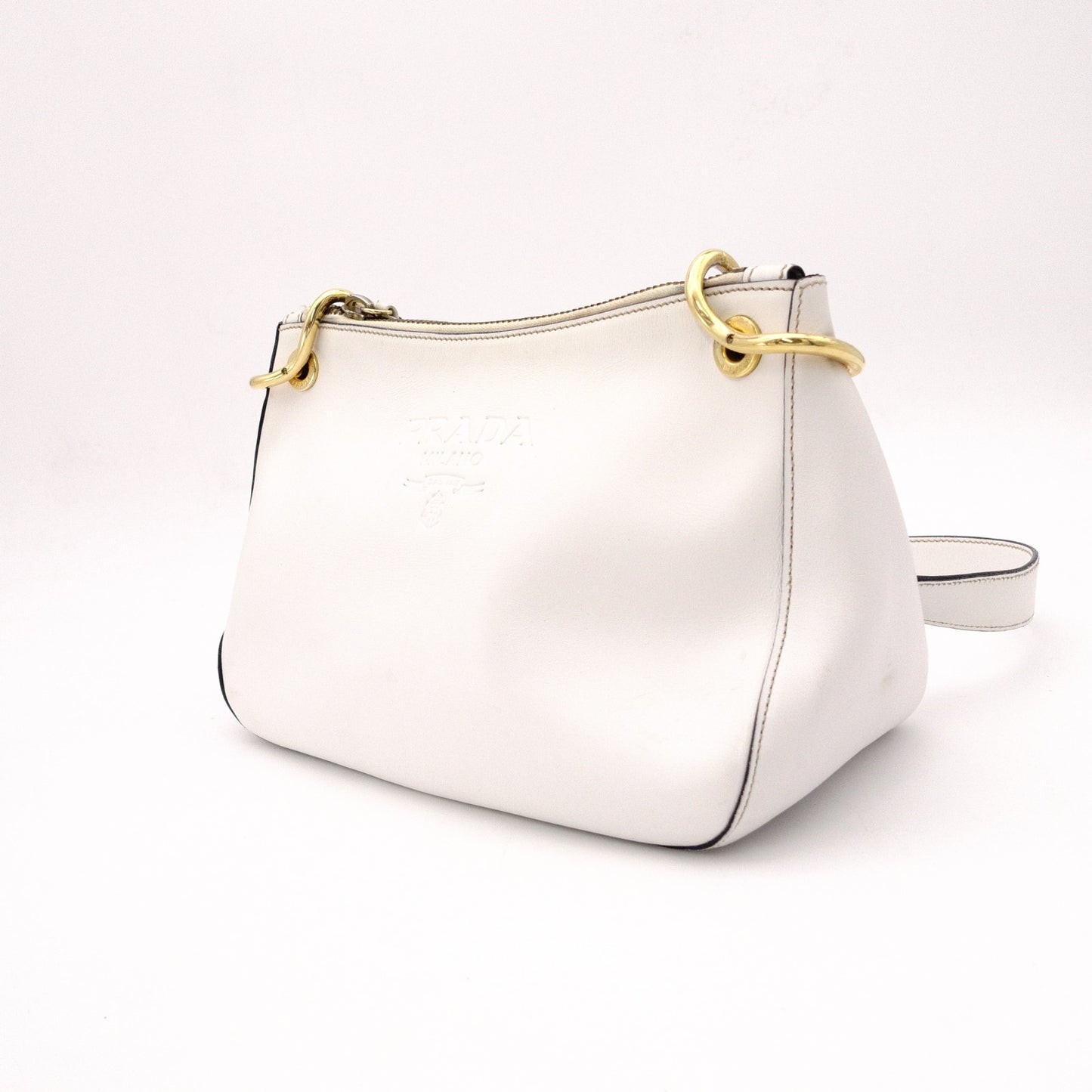 PRADA Vittello Dino Leather Shoulder Bag, White Leather, Crossbody, Gold Hardware