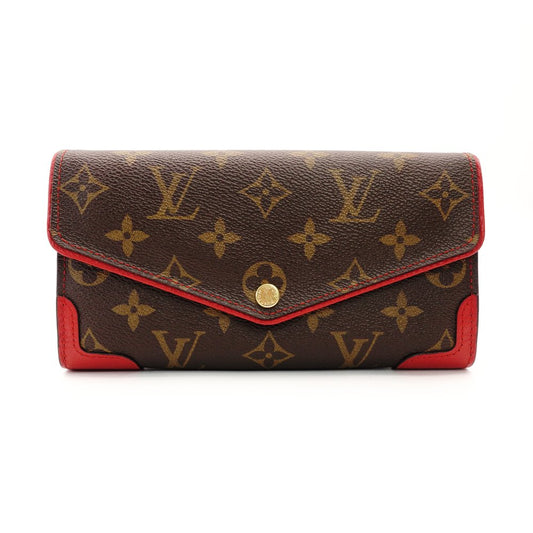 LOUIS VUITTON Sara New Long Wallet Monogram Canvas Brown × Red PVC Leather Wallet 7-11-239