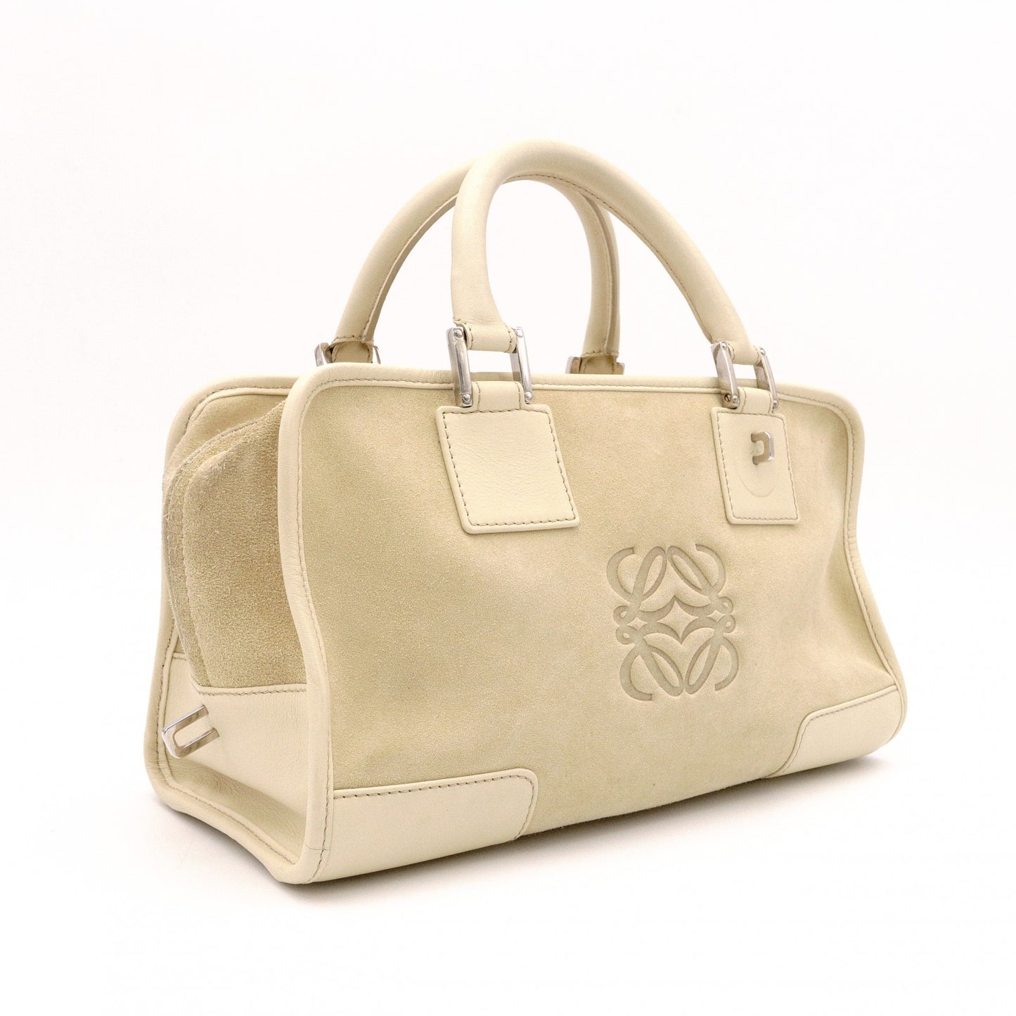 LOEWE Amazonas 28 Handbag, Suede/Leather, Beige Tones, Logo, Suede, Silver Hardware
