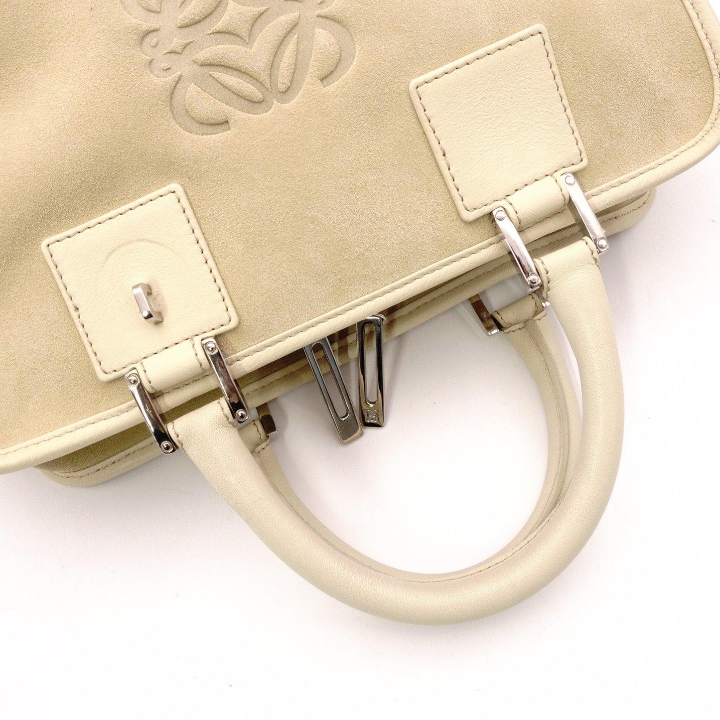 LOEWE Amazonas 28 Handbag, Suede/Leather, Beige Tones, Logo, Suede, Silver Hardware