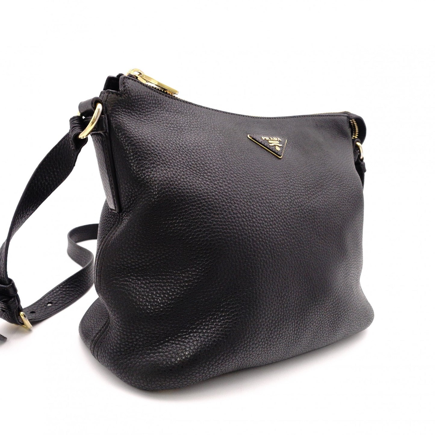 PRADA Vittello Dino Leather Shoulder Bag, Black Leather, Crossbody, Gold Hardware