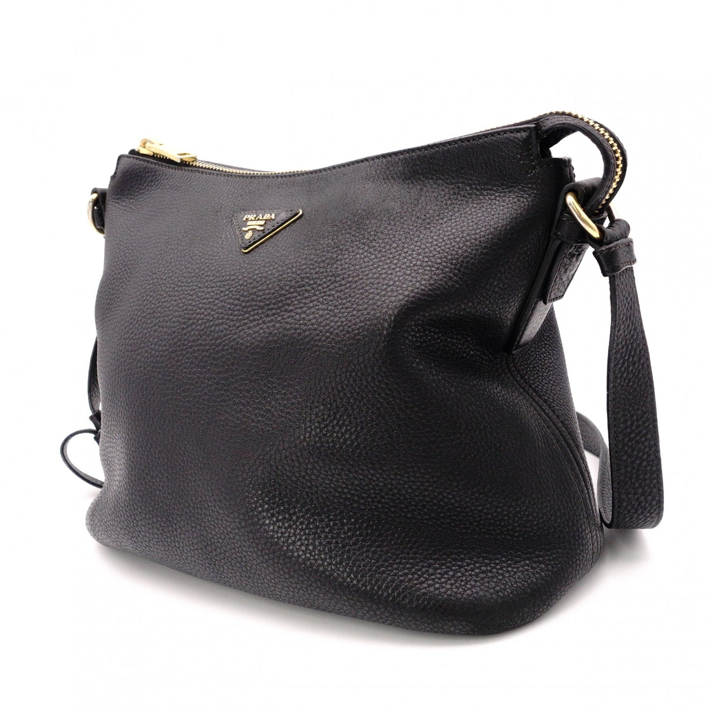 PRADA Vittello Dino Leather Shoulder Bag, Black Leather, Crossbody, Gold Hardware