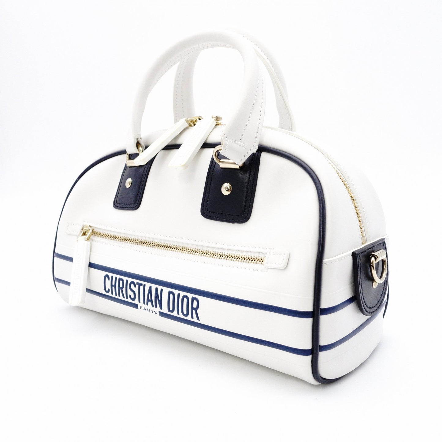 Christian Dior Small Bowling Bag Vibe Handbag, Leather, White, 2-Way
