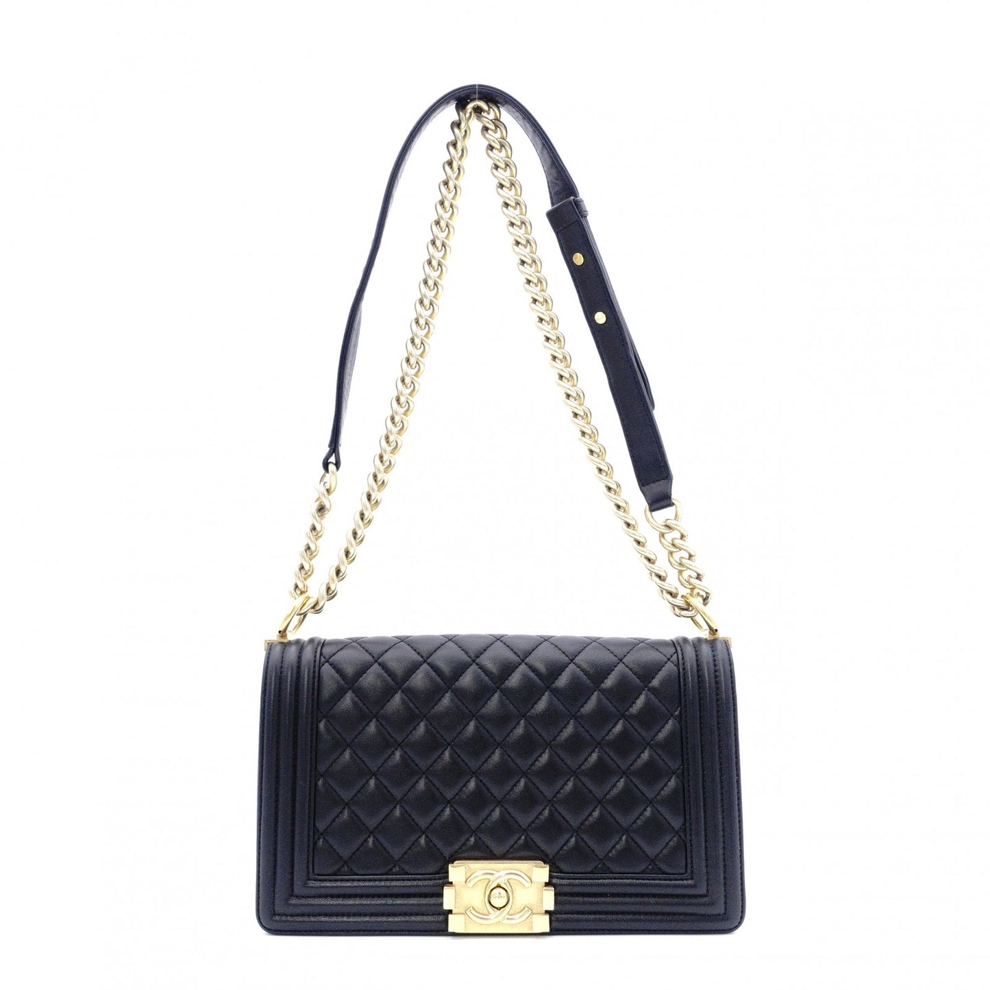 CHANEL Lambskin Boy Chanel 25 Shoulder Bag, Leather, Black with Gold Hardware