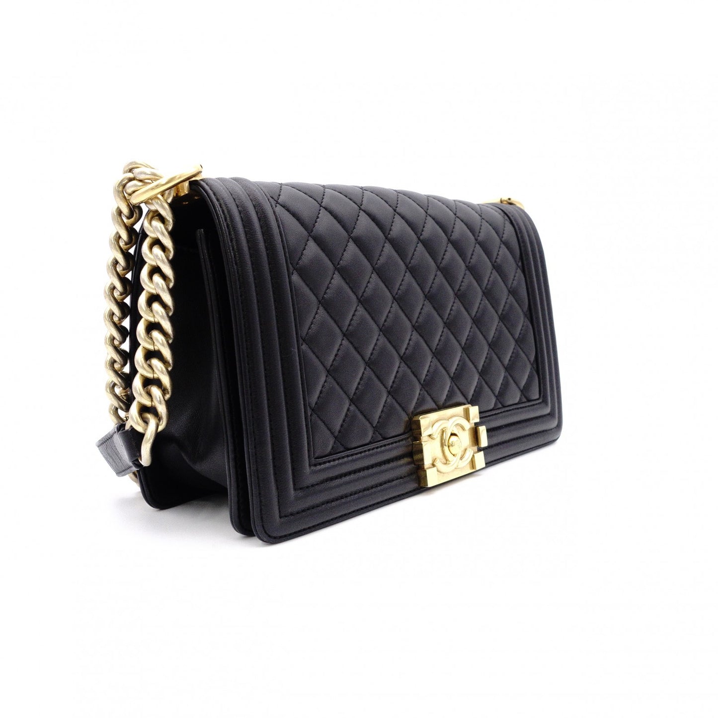 CHANEL Lambskin Boy Chanel 25 Shoulder Bag, Leather, Black with Gold Hardware