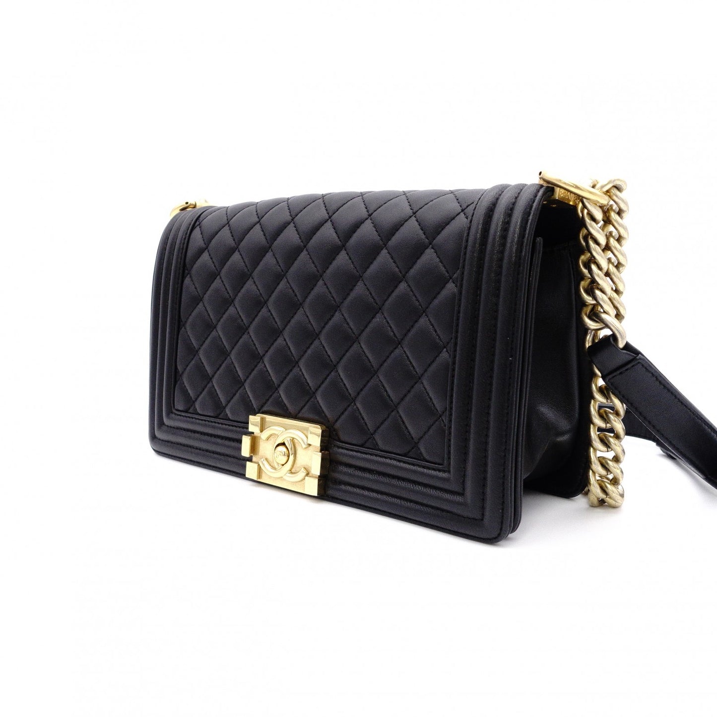 CHANEL Lambskin Boy Chanel 25 Shoulder Bag, Leather, Black with Gold Hardware