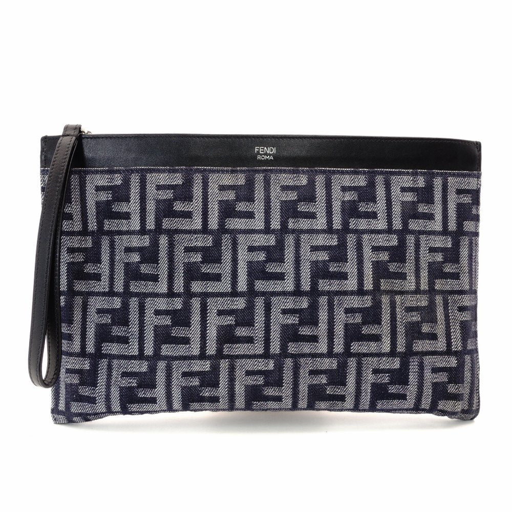 FENDI Zucca Medium Clutch Bag Navy × Black Canvas FF Logo 7N0134 R801561