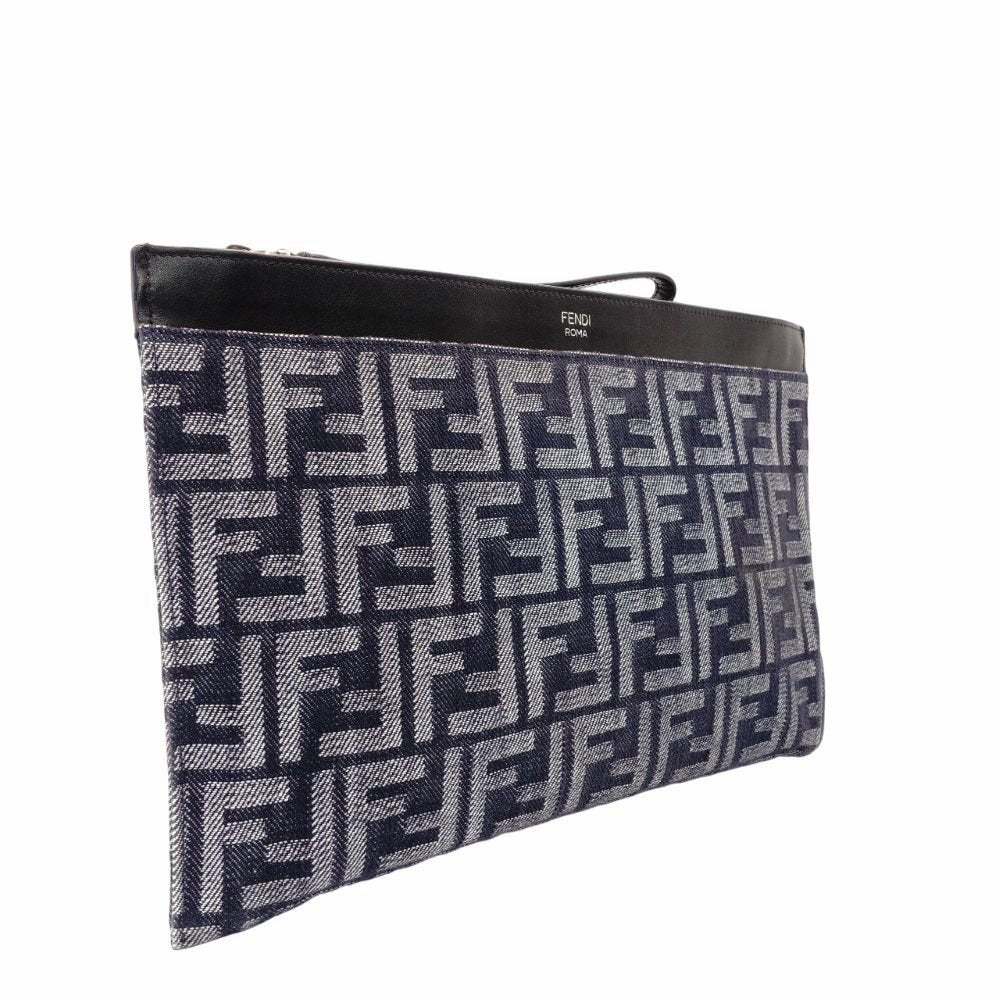 FENDI Zucca Medium Clutch Bag Navy × Black Canvas FF Logo 7N0134 R801561