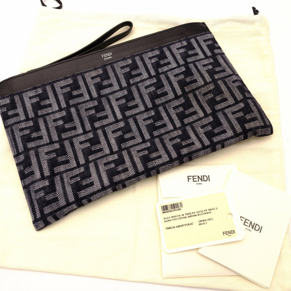 FENDI Zucca Medium Clutch Bag Navy × Black Canvas FF Logo 7N0134 R801561