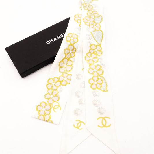 CHANEL Twilly Scarf 100% Silk White Floral Motif White-Tone With Box R801141