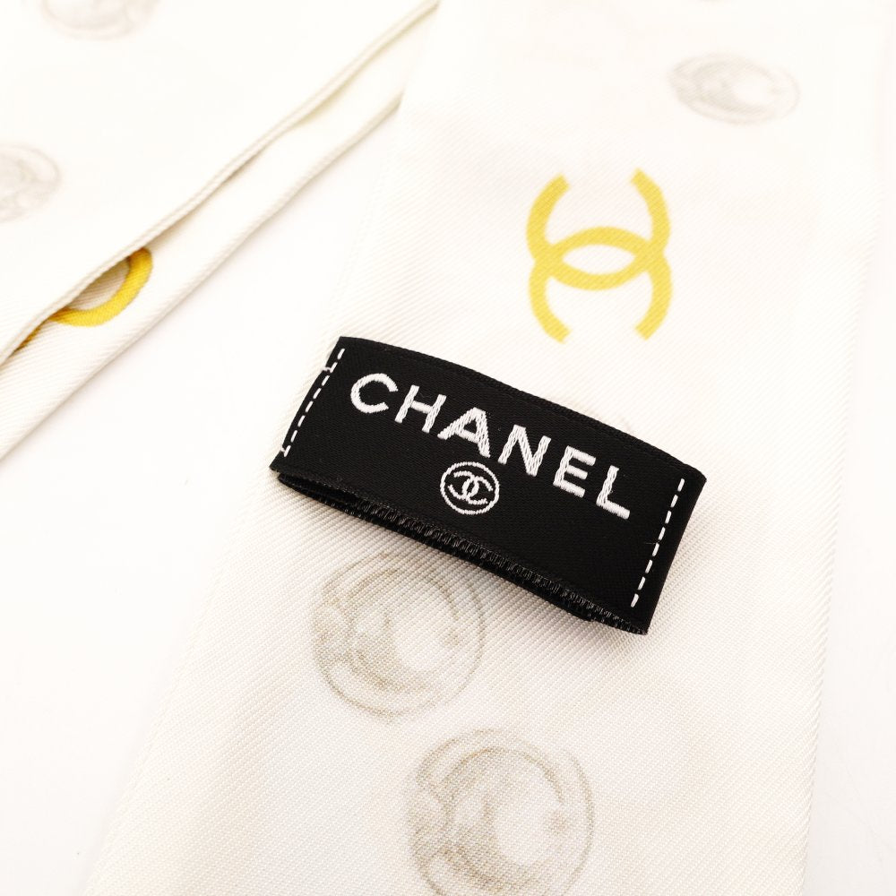 CHANEL Twilly Scarf 100% Silk White Floral Motif White-Tone With Box R801141