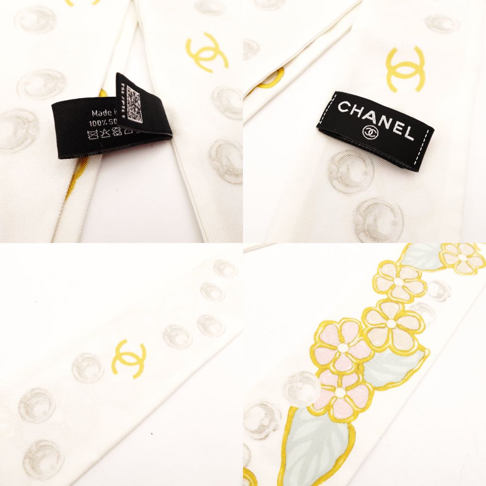 CHANEL Twilly Scarf 100% Silk White Floral Motif White-Tone With Box R801141