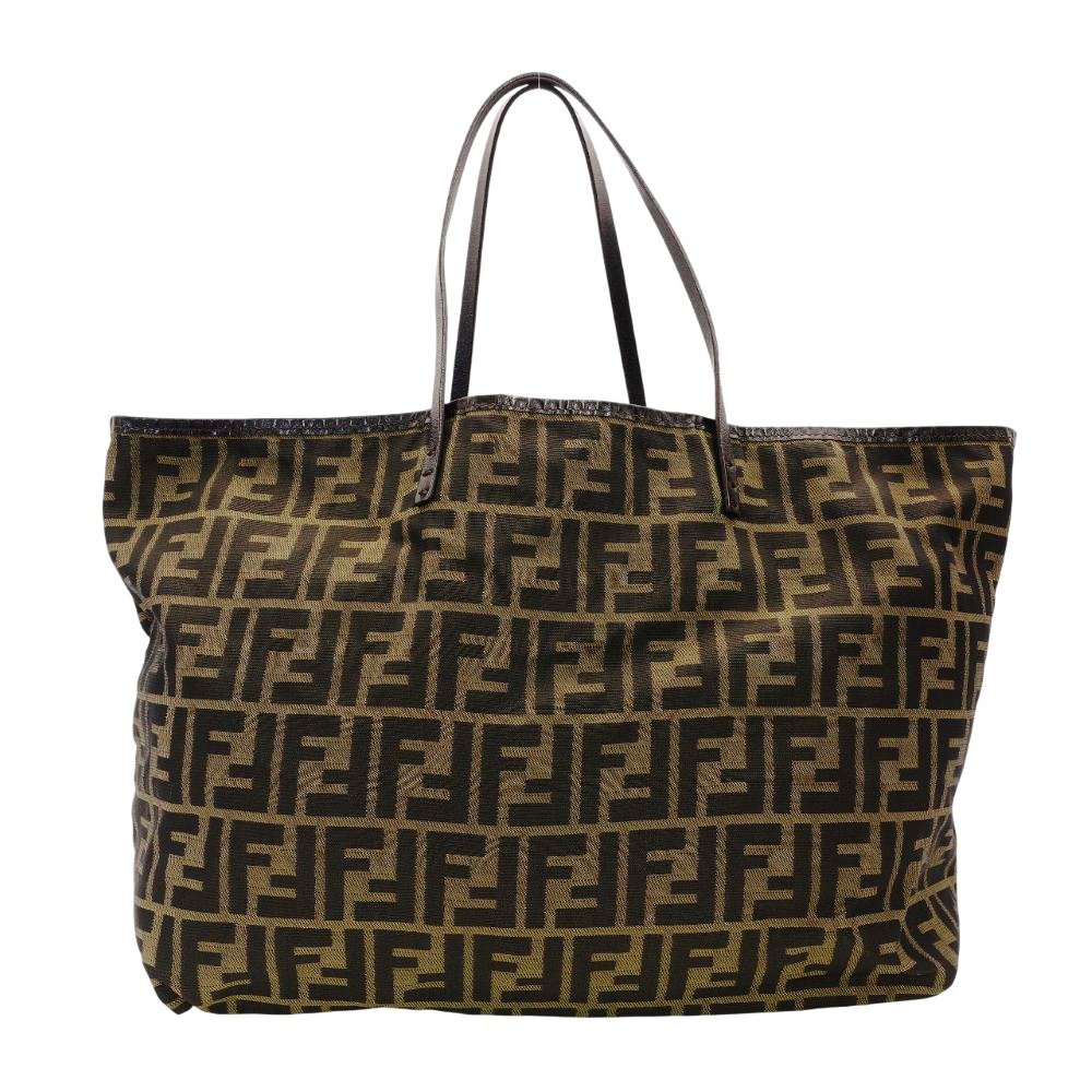 FENDI Zucca Tote Bag Brown-Tone Cotton × Leather with Pouch Shoulder Bag FF Logo R801155