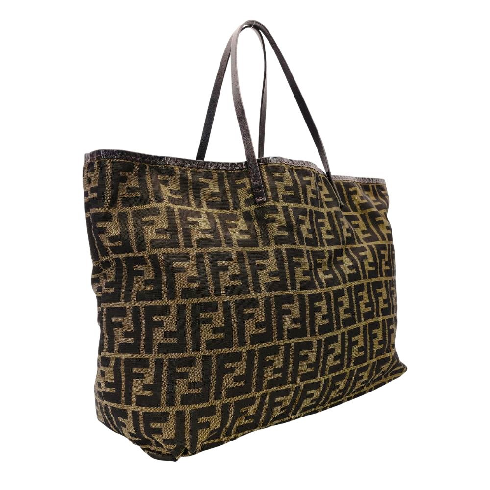 FENDI Zucca Tote Bag Brown-Tone Cotton × Leather with Pouch Shoulder Bag FF Logo R801155