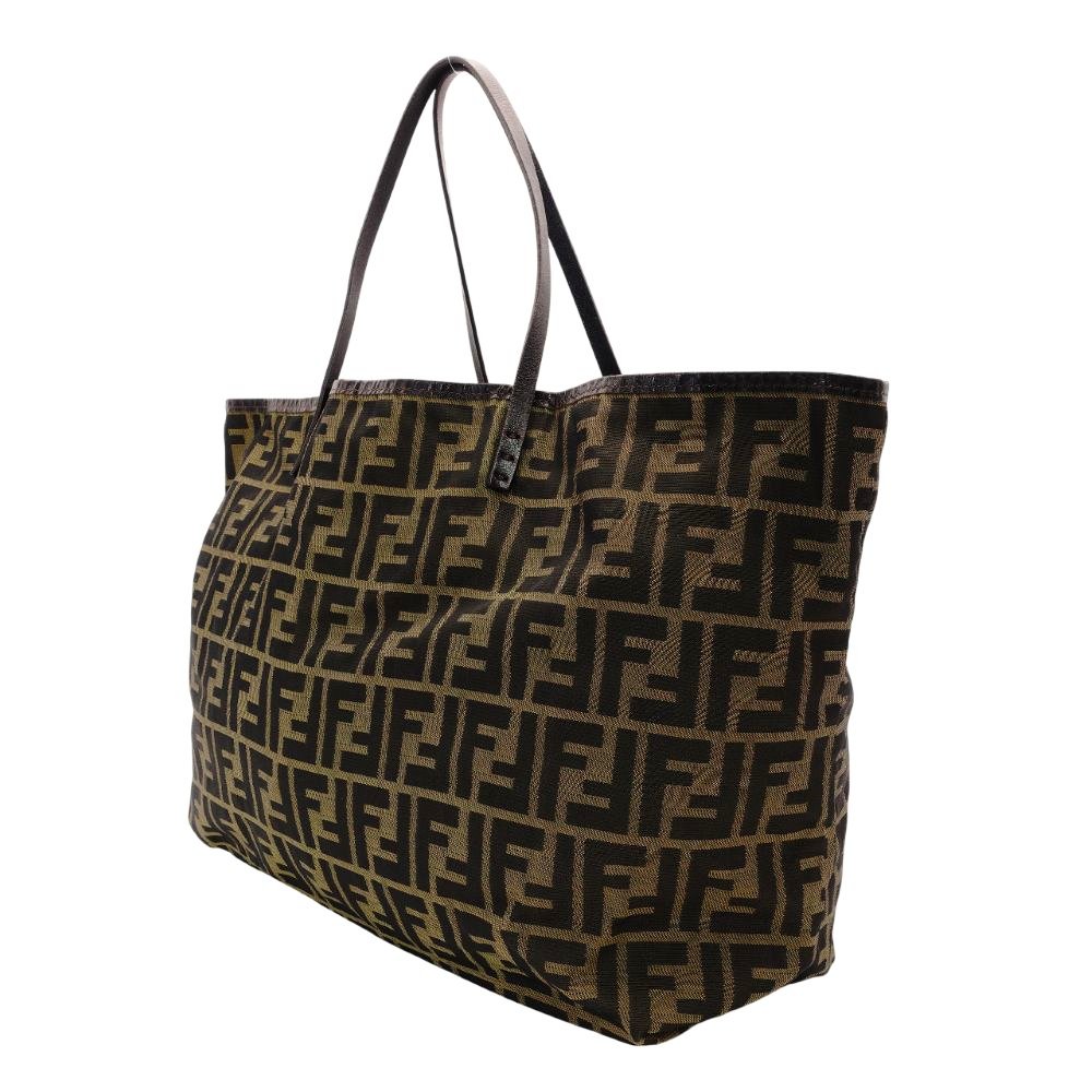 FENDI Zucca Tote Bag Brown-Tone Cotton × Leather with Pouch Shoulder Bag FF Logo R801155
