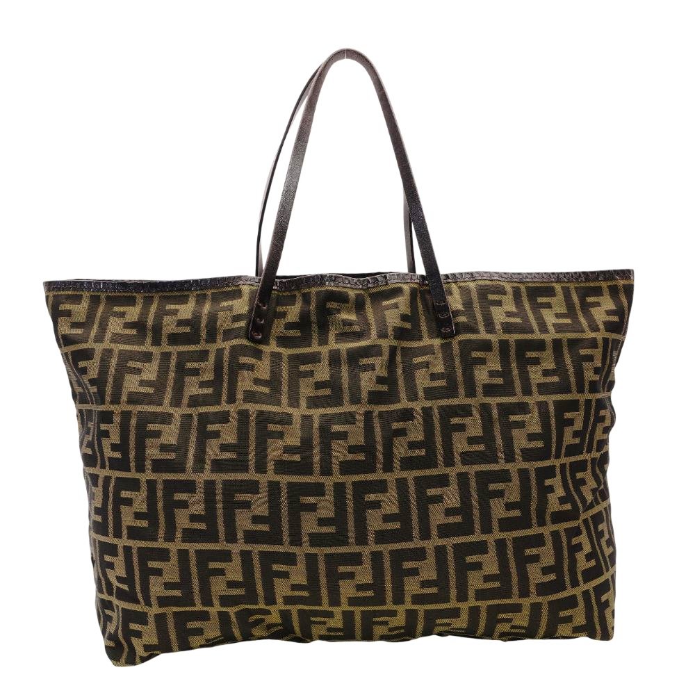 FENDI Zucca Tote Bag Brown-Tone Cotton × Leather with Pouch Shoulder Bag FF Logo R801155