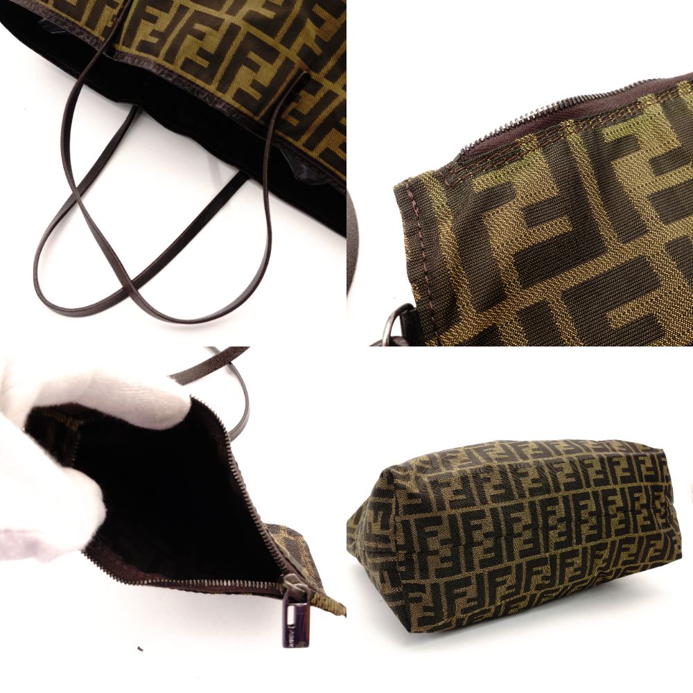FENDI Zucca Tote Bag Brown-Tone Cotton × Leather with Pouch Shoulder Bag FF Logo R801155