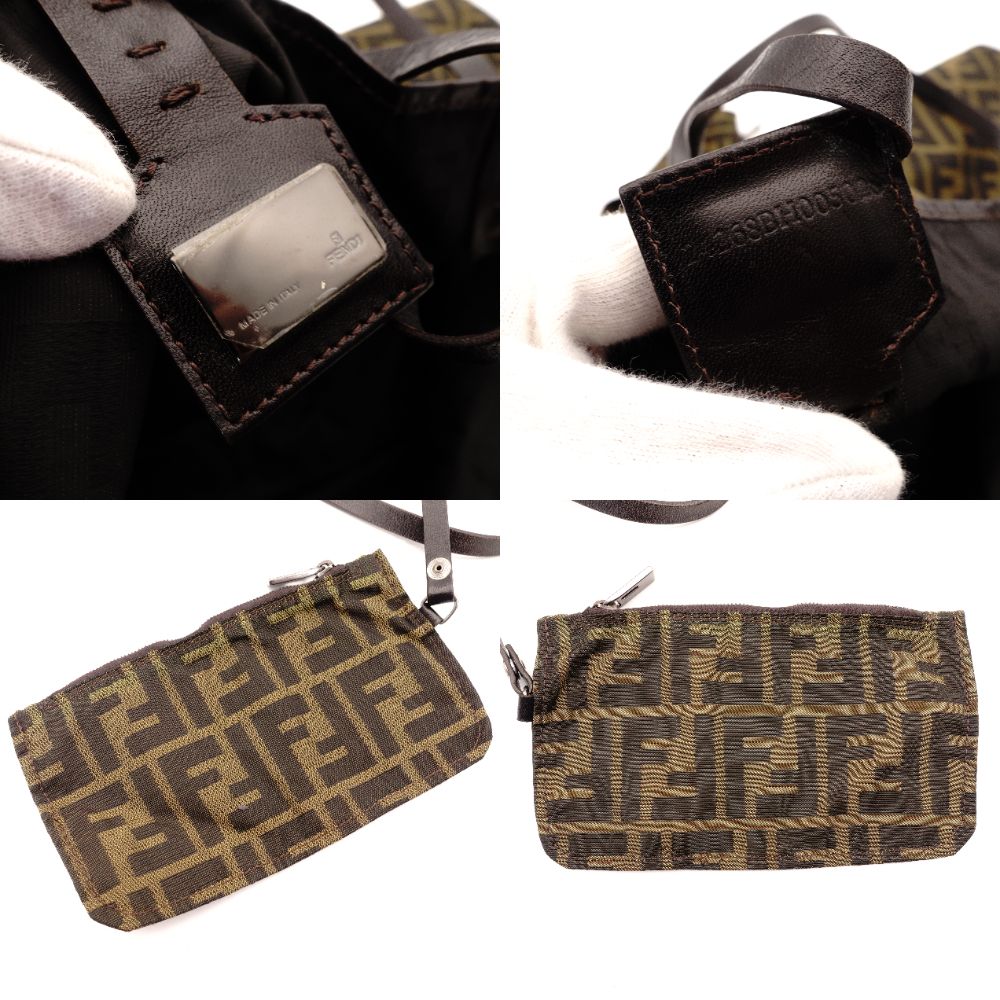 FENDI Zucca Tote Bag Brown-Tone Cotton × Leather with Pouch Shoulder Bag FF Logo R801155