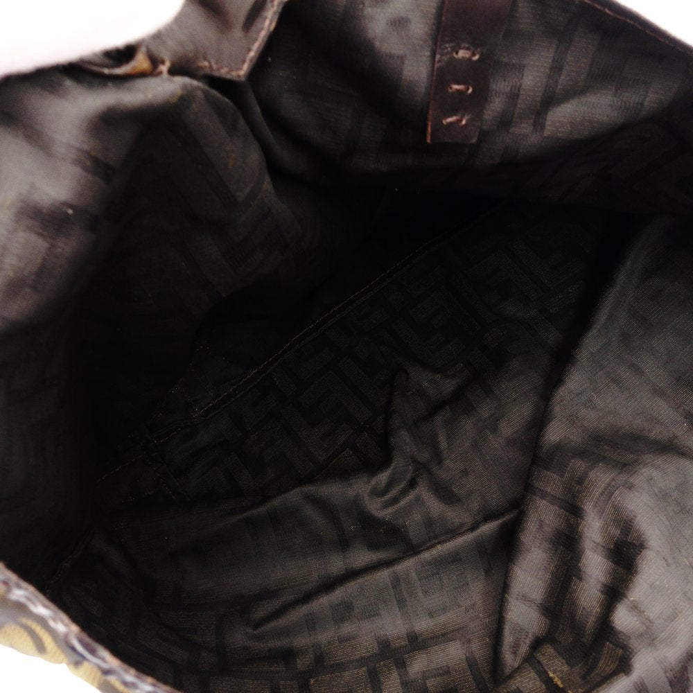 FENDI Zucca Tote Bag Brown-Tone Cotton × Leather with Pouch Shoulder Bag FF Logo R801155