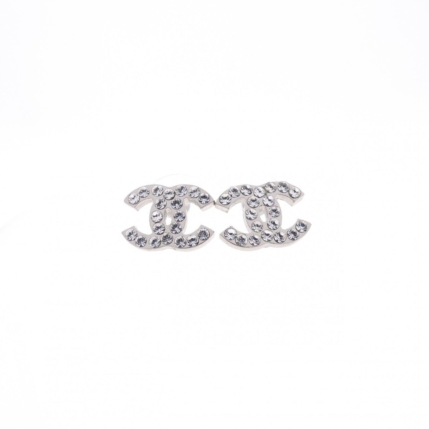 CHANEL Earrings, Metal, Rhinestones, Silver, CC Logo, Comes with Box