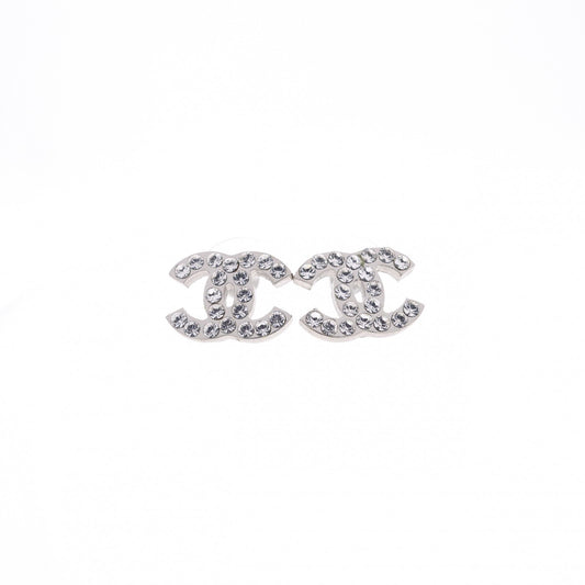 CHANEL Earrings, Metal, Rhinestones, Silver, CC Logo, Comes with Box
