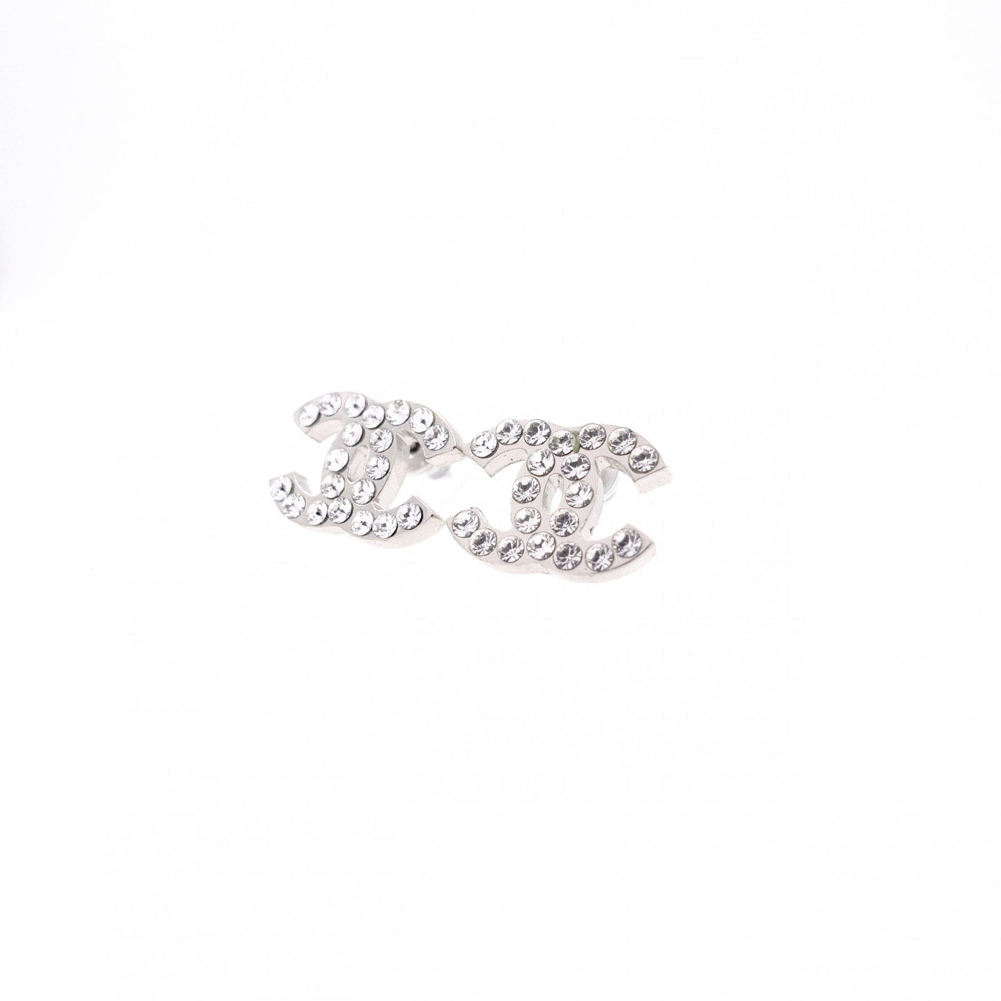 CHANEL Earrings, Metal, Rhinestones, Silver, CC Logo, Comes with Box