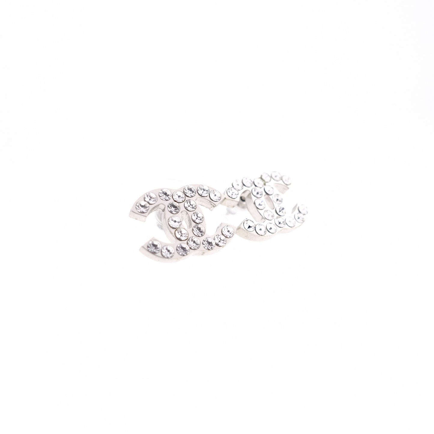 CHANEL Earrings, Metal, Rhinestones, Silver, CC Logo, Comes with Box