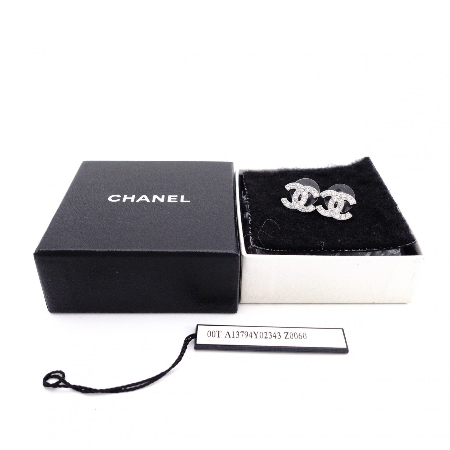 CHANEL Earrings, Metal, Rhinestones, Silver, CC Logo, Comes with Box