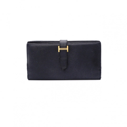 HERMES Béan Soufflé Long Wallet, Leather, Black, Epson, Gold Hardware, □J Stamped