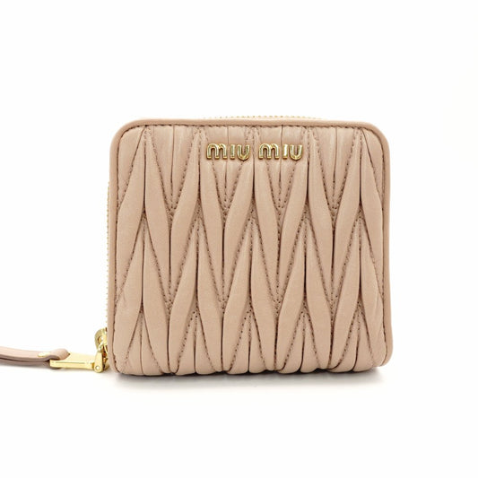 MIU MIU Matelassé Bifold Wallet Mini Wallet Leather Pink Beige Wallet 7-7-272