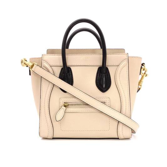 CELINE Luggage Nano Shopper Handbag, Leather, Beige/Black, 2-Way Crossbody