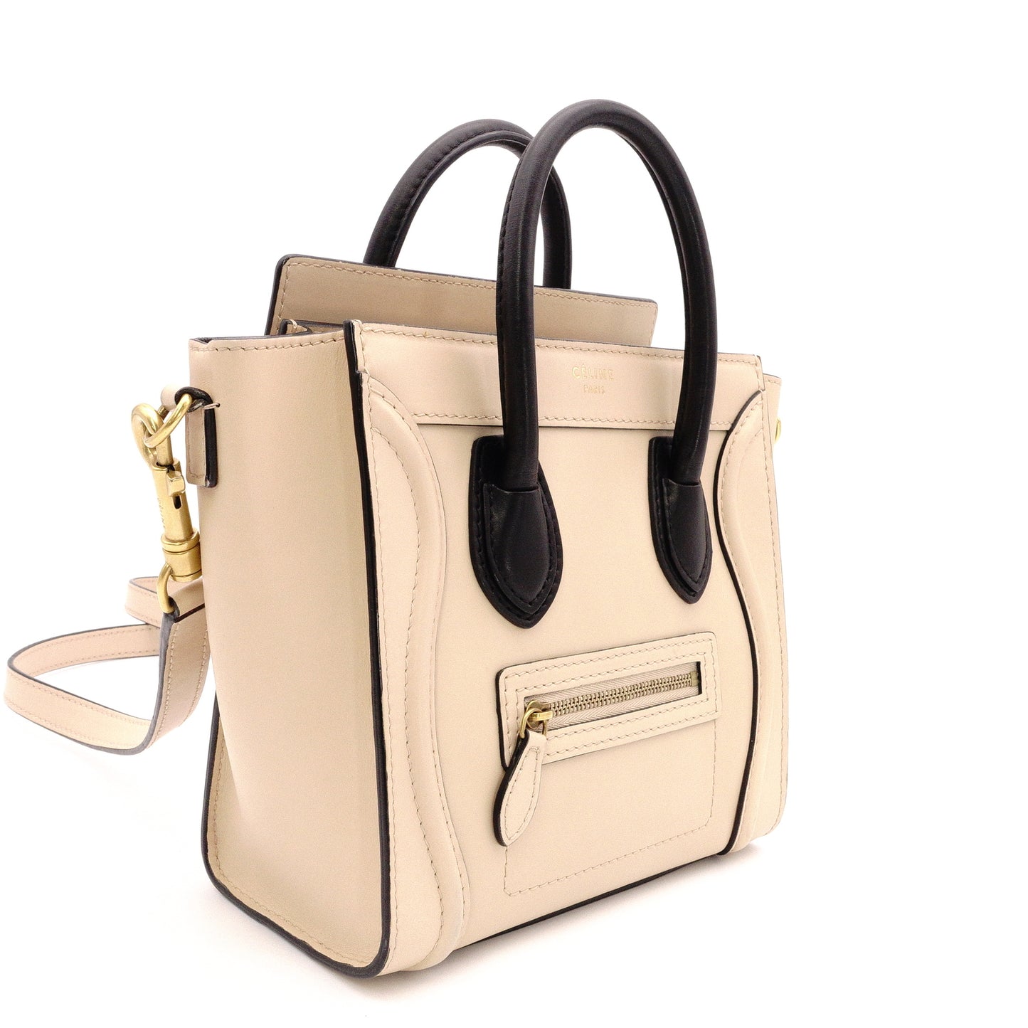CELINE Luggage Nano Shopper Handbag, Leather, Beige/Black, 2-Way Crossbody
