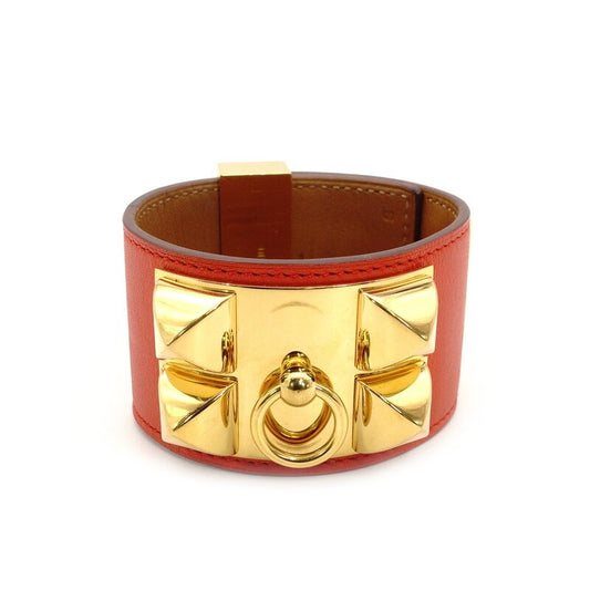 Hermès HERMES Collier de Chien Orange × Gold Bangle Bracelet Leather □Q Stamped 7-3-997